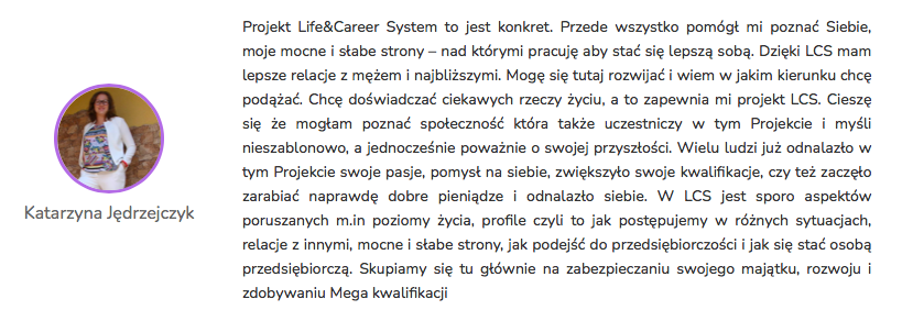 Katarzyna Jędrzejczyk - Opinia Life&CareerSystem 